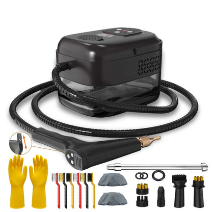 high pressure handheld steam cleaner with accessories including gloves and various brushes.