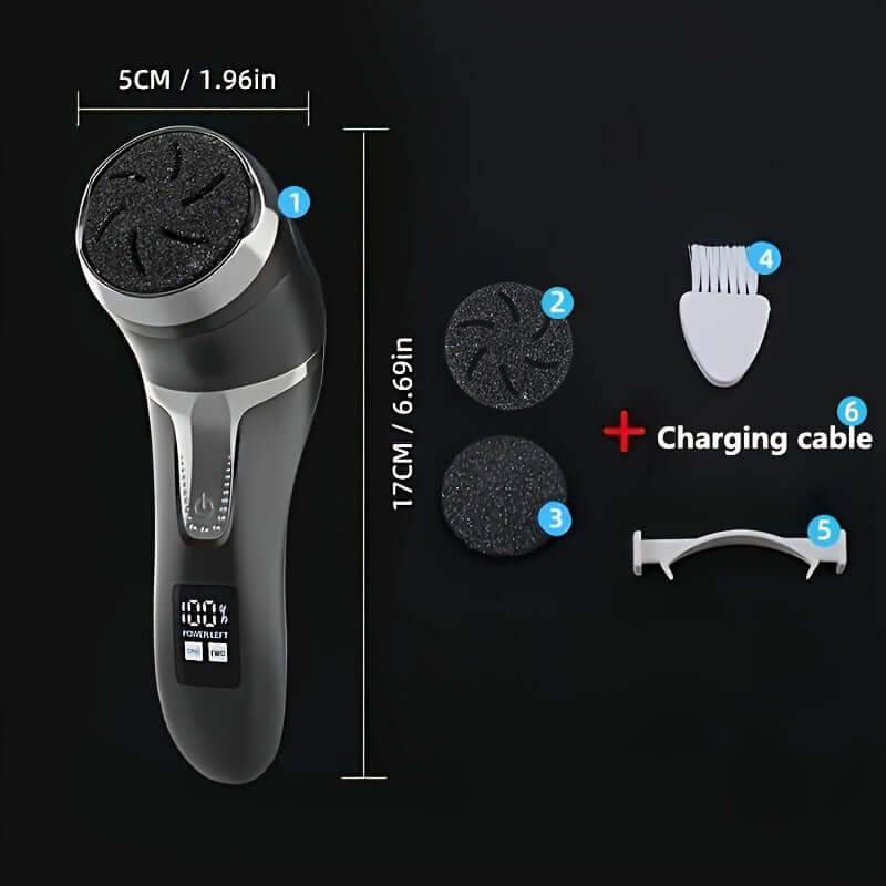Electric foot callus remover with attachments and charging cable for effective dead skin removal.