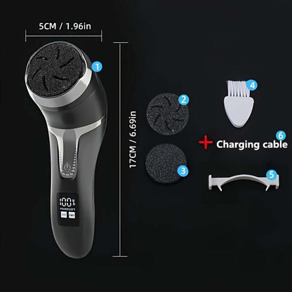 Electric foot callus remover with attachments and charging cable for effective dead skin removal.