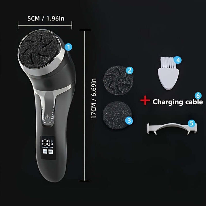 Electric foot callus remover with attachments and charging cable for effective dead skin removal.