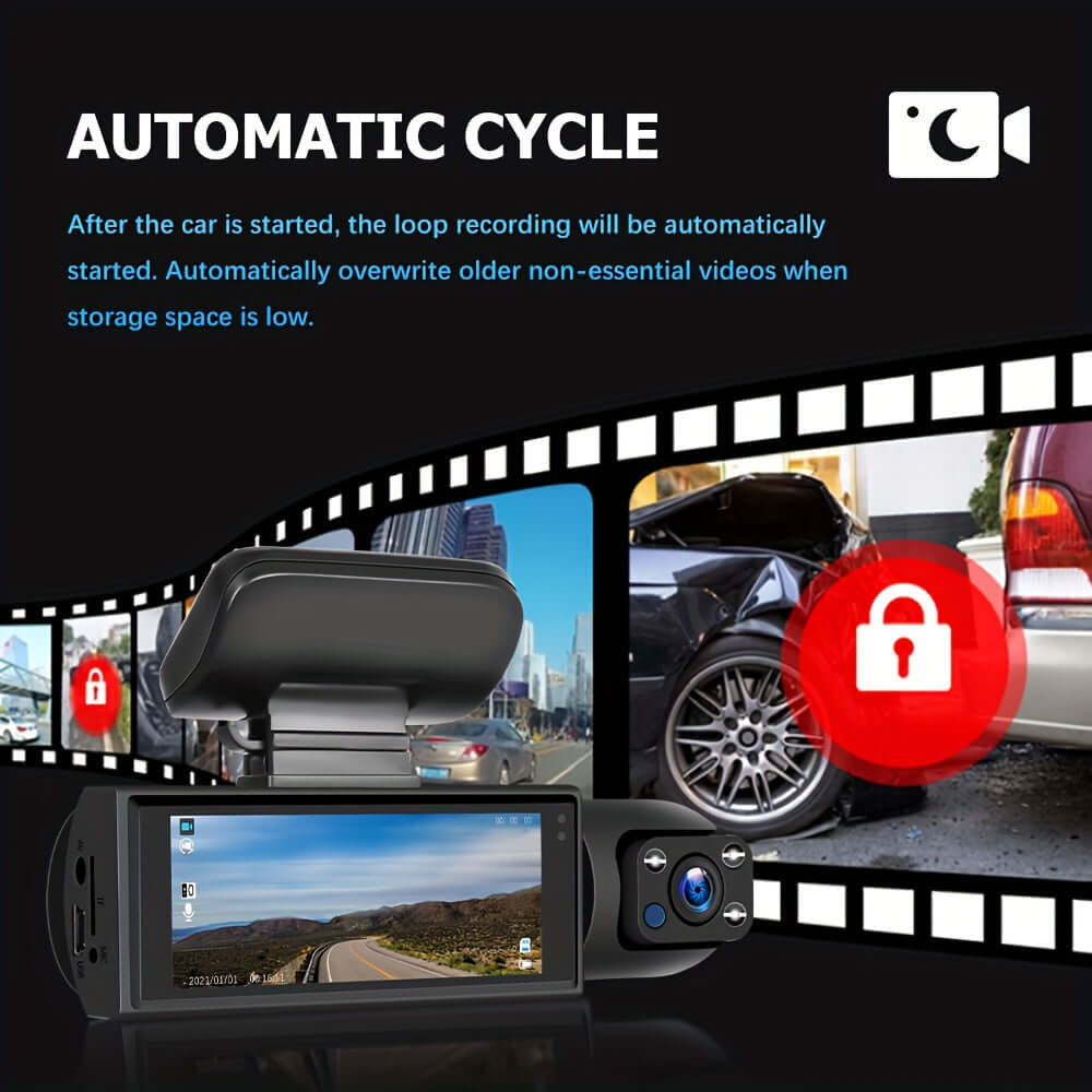 dual camera dash cam featuring automatic cycle recording and loop feature for efficient video storage.
