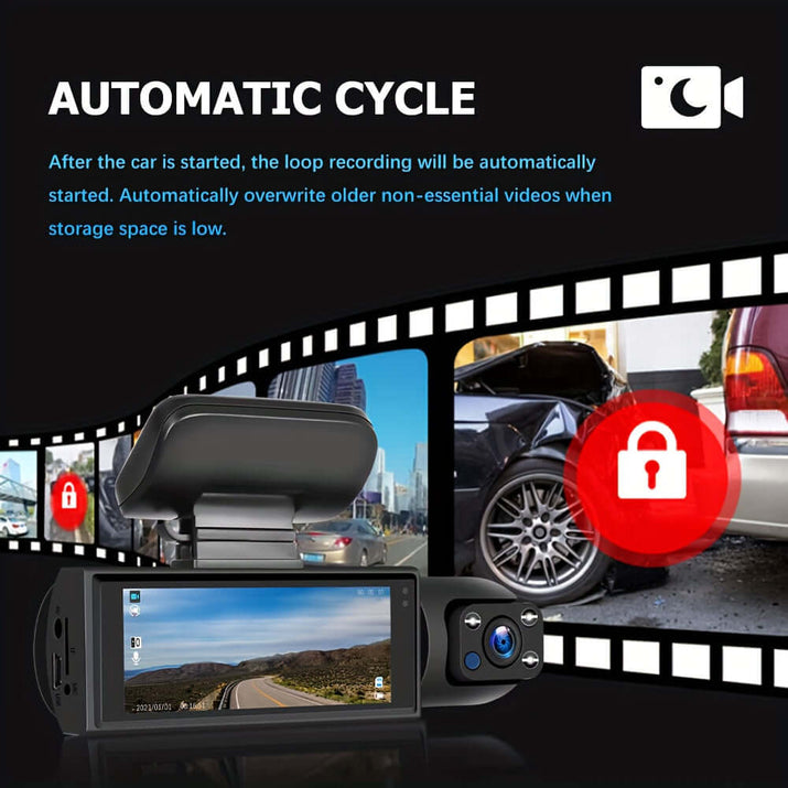 dual camera dash cam featuring automatic cycle recording and loop feature for efficient video storage.