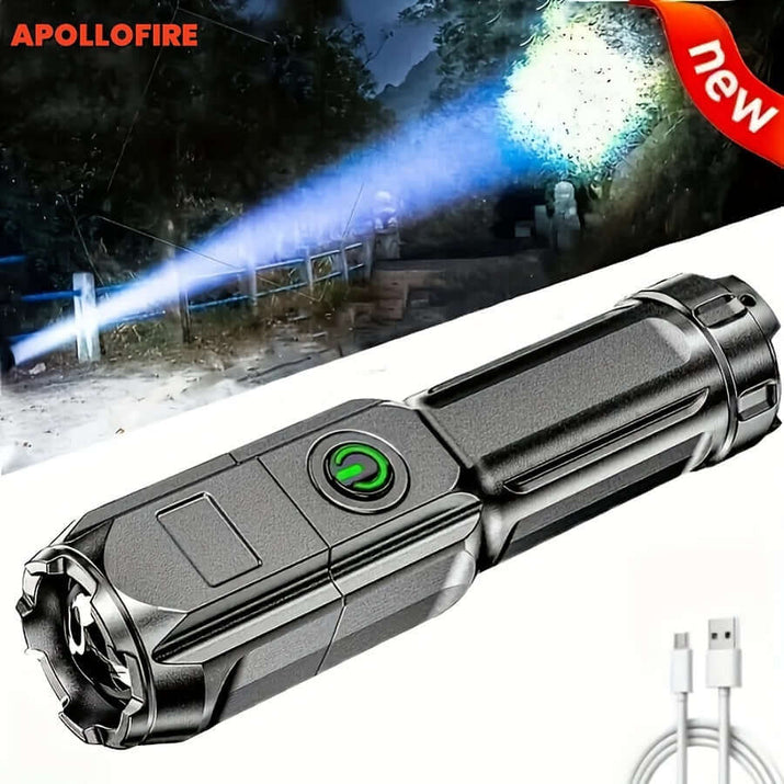 High-power zoom flashlight illuminating a dark path with bright blue beams in the background.