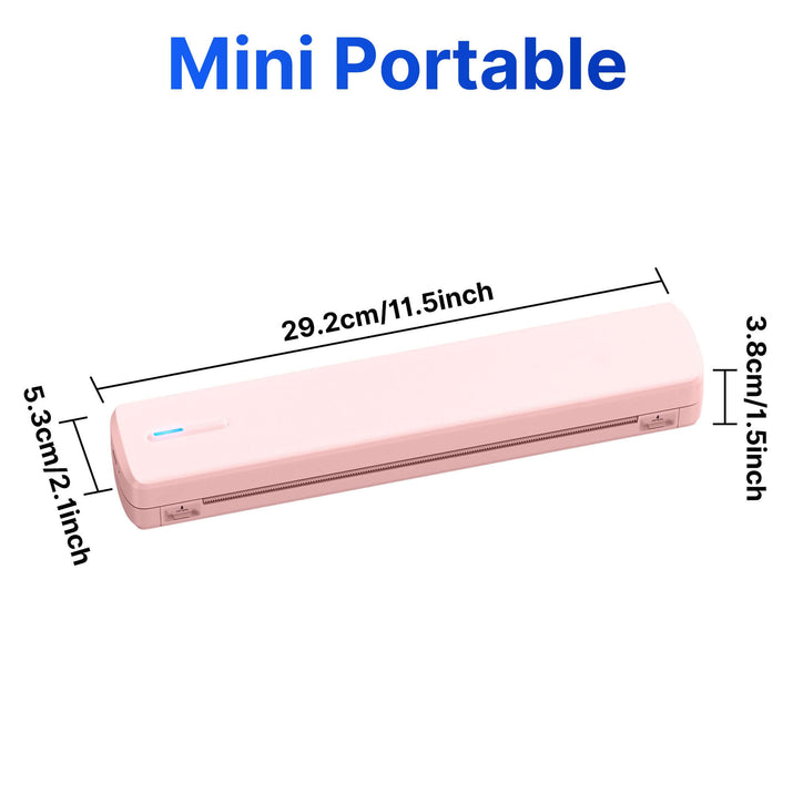 Mini Portable wireless travel printer measuring 29.2cm x 5.3cm x 3.8cm for easy travel and printing.