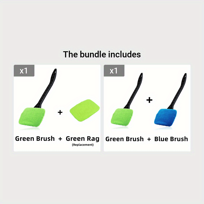 Car window cleaning brush kit includes green brush, green rag, and blue brush for effective cleaning.
