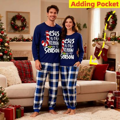 Family matching Christmas pajamas featuring festive designs and pockets, perfect for holiday gatherings.