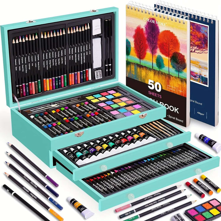 PASAMIC non-toxic art supplies featuring a complete art set with colored pencils, paints, and a sketchbook.