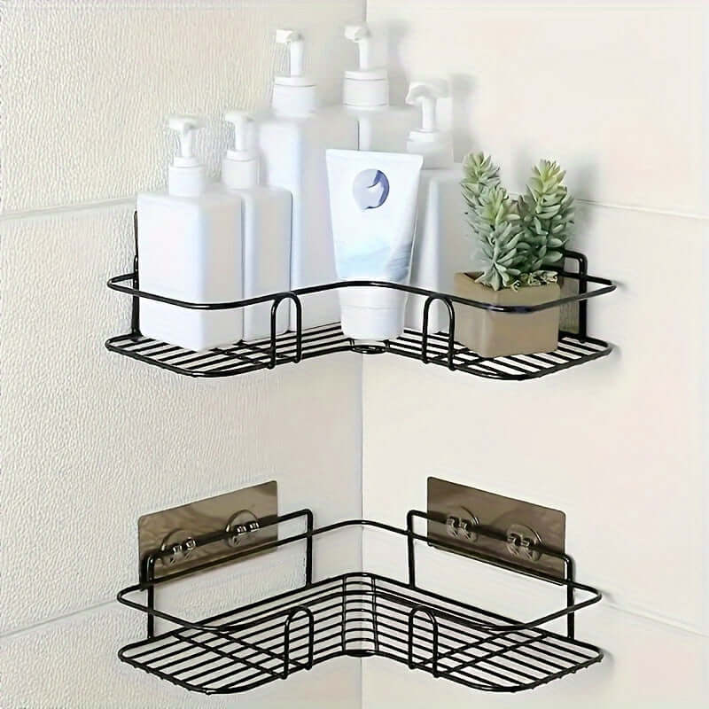 Cast iron shower shelf featuring modern design with bottles and plants on two tiers.