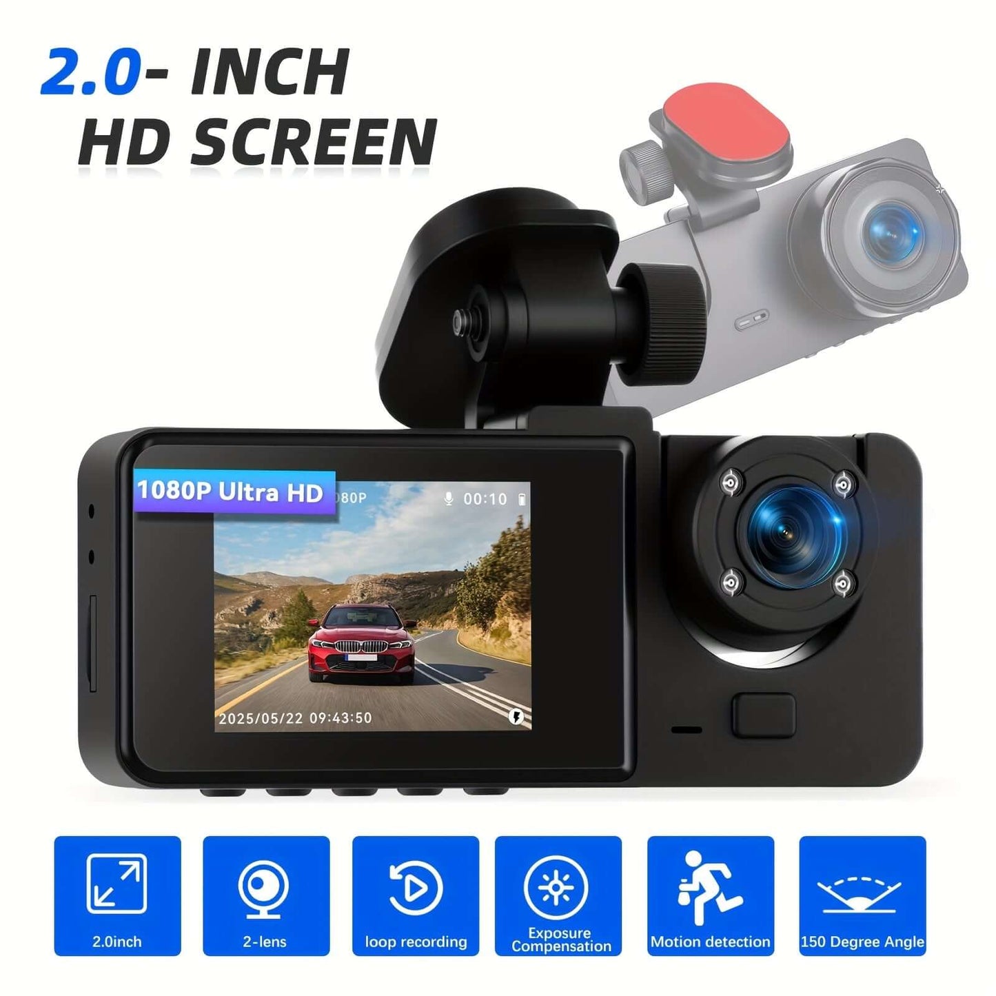Dual camera dash cam featuring a 2.0-inch HD screen and 1080P Ultra HD recording capabilities.