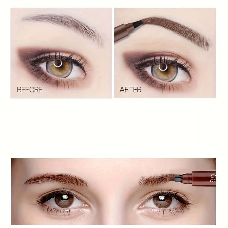 Before and after using a waterproof eyebrow pen for defined brows.
