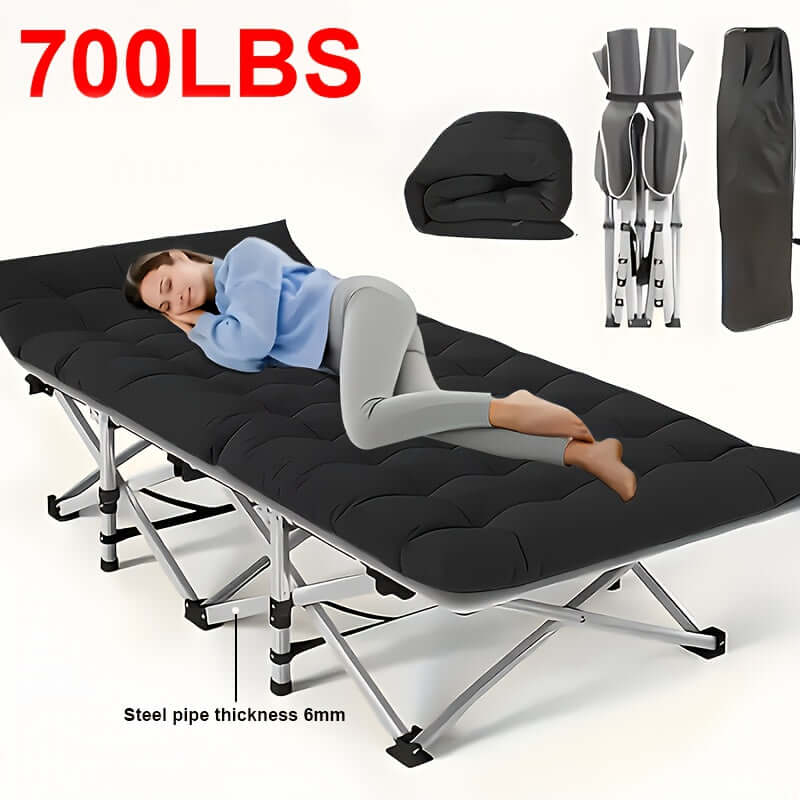 A person relaxing on a portable folding guest bed, showcasing its comfort and portability, with a sturdy design.