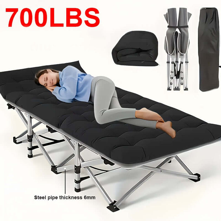 A person relaxing on a portable folding guest bed, showcasing its comfort and portability, with a sturdy design.
