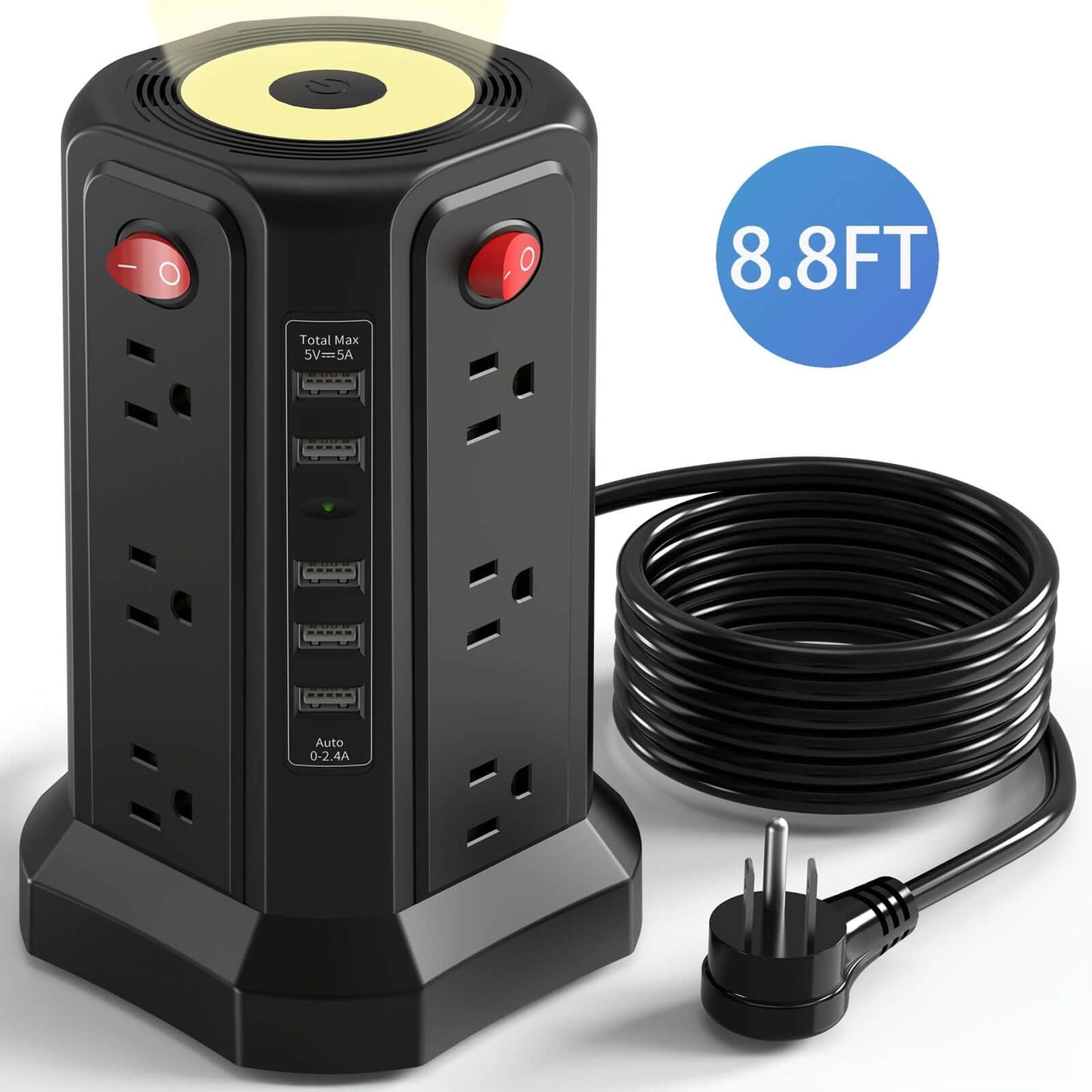 flat plug power board with USB ports and 8.8FT extension cord for convenient device charging.