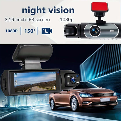dual camera dash cam with night vision, 3.16-inch IPS screen, and 1080p resolution for clear road footage.