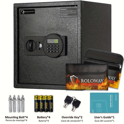 heavy-duty fireproof safe with keypad, includes override key and batteries, secure storage solution