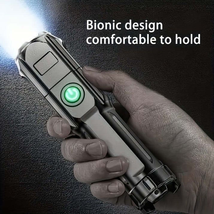 High-power zoom flashlight showcasing bionic design and comfortable grip in hand.