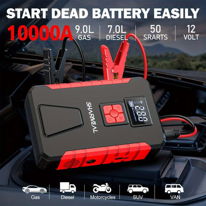 Portable car jump starter for easily starting dead batteries up to 10000A for gas and diesel vehicles.