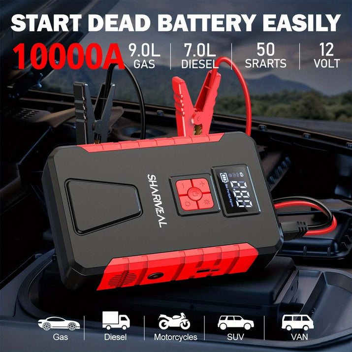 Portable car jump starter for easily starting dead batteries up to 10000A for gas and diesel vehicles.
