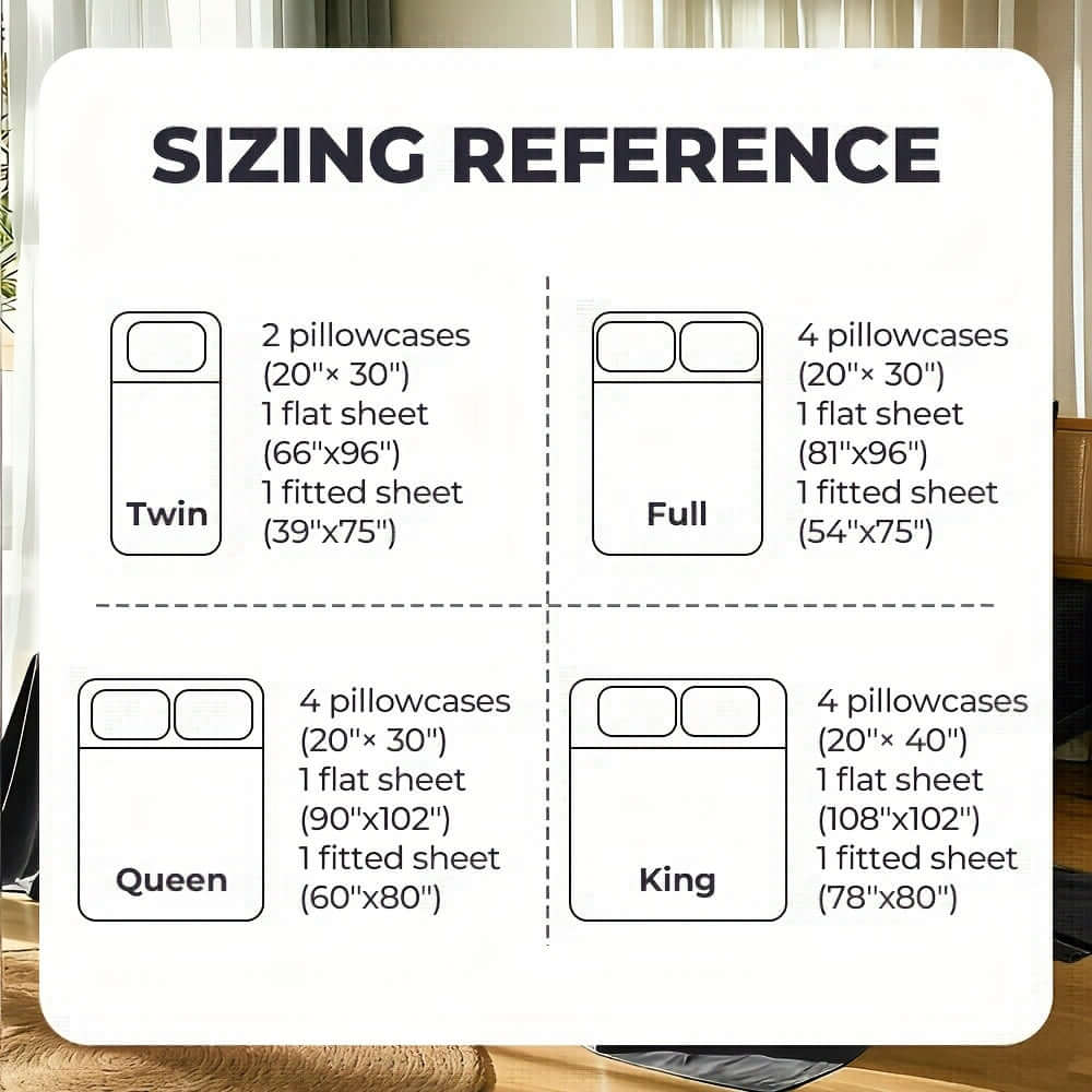 Sizing reference for bamboo cooling bedding set with dimensions for Twin, Full, Queen, and King sizes.