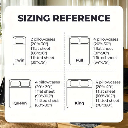 Sizing reference for bamboo cooling bedding set with dimensions for Twin, Full, Queen, and King sizes.