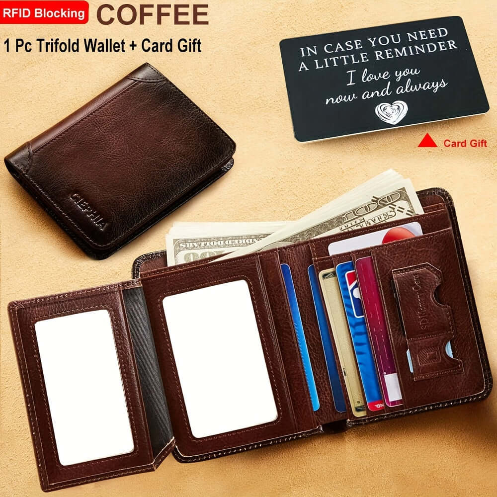 RFID leather wallet for men with card gift, featuring a trifold design and RFID blocking technology.