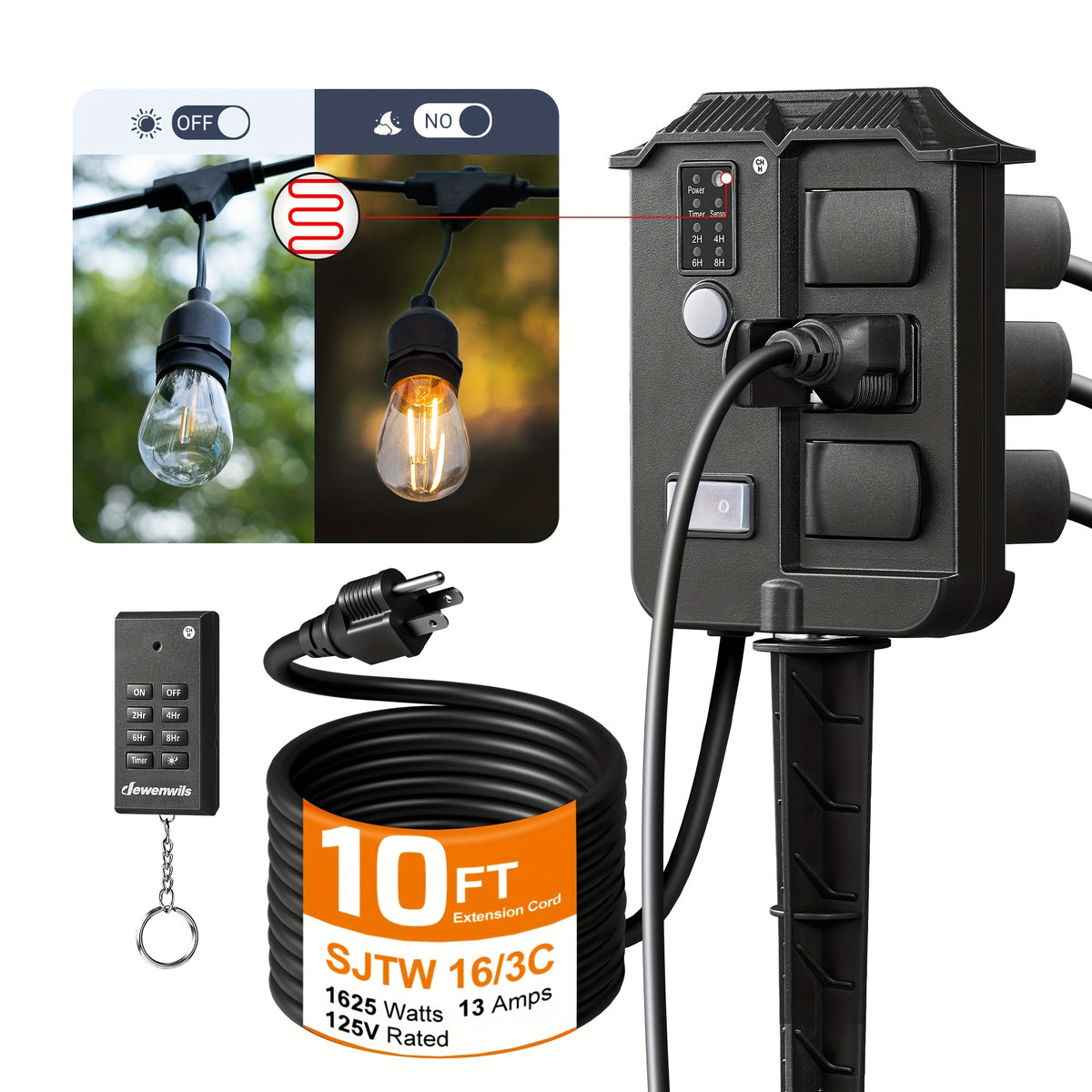 Dewenwils power stake timer for holiday lights with extension cord and remote control features.