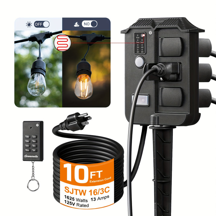 Dewenwils power stake timer for holiday lights with extension cord and remote control features.