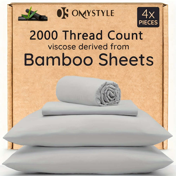 4pcs Bamboo Cooling Bedding Set, 2000 Thread Count, viscose derived from Bamboo Sheets in gray color.