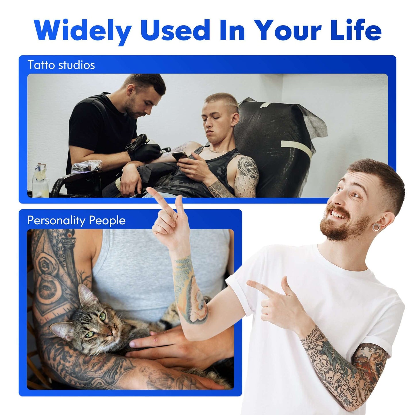 Image showcasing widely used experiences in tattoo studios and personal moments with pets, highlighting societal interactions.