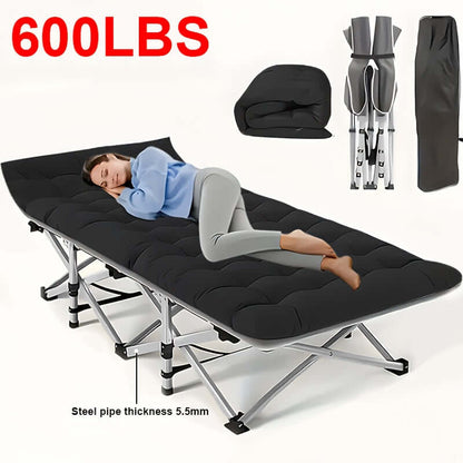 Woman sleeping on a portable folding guest bed, showcasing its comfort and sturdy design.