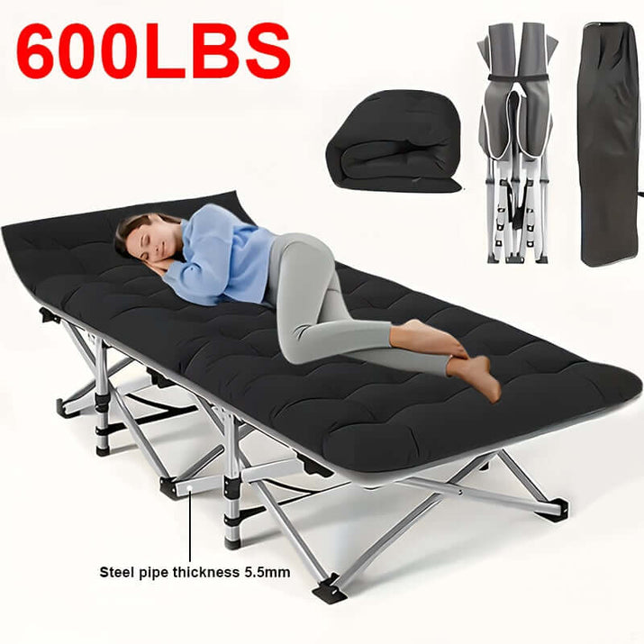 Woman sleeping on a portable folding guest bed, showcasing its comfort and sturdy design.