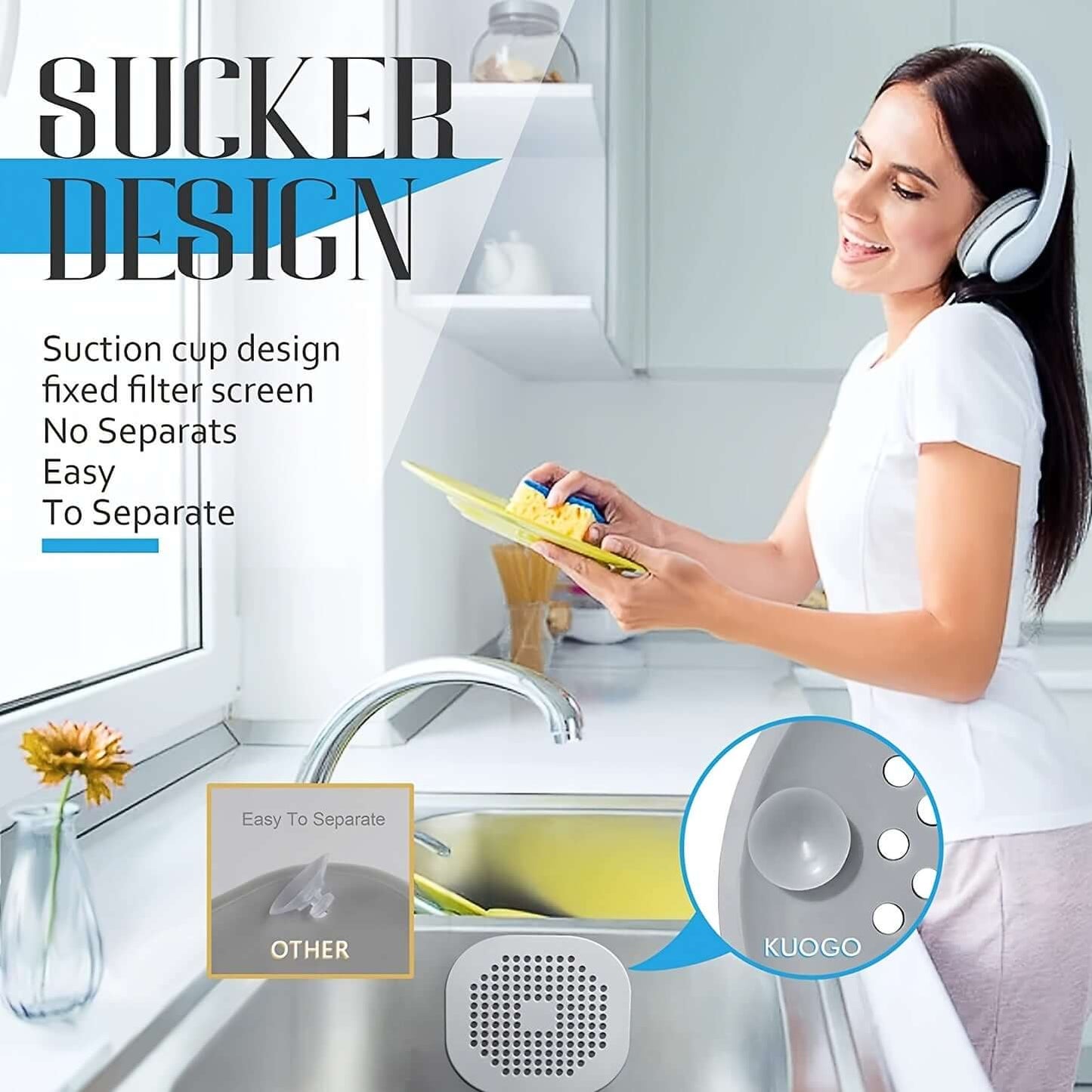 Silicone drain protector for bathroom kitchen with suction cup design and easy to separate filter screen.