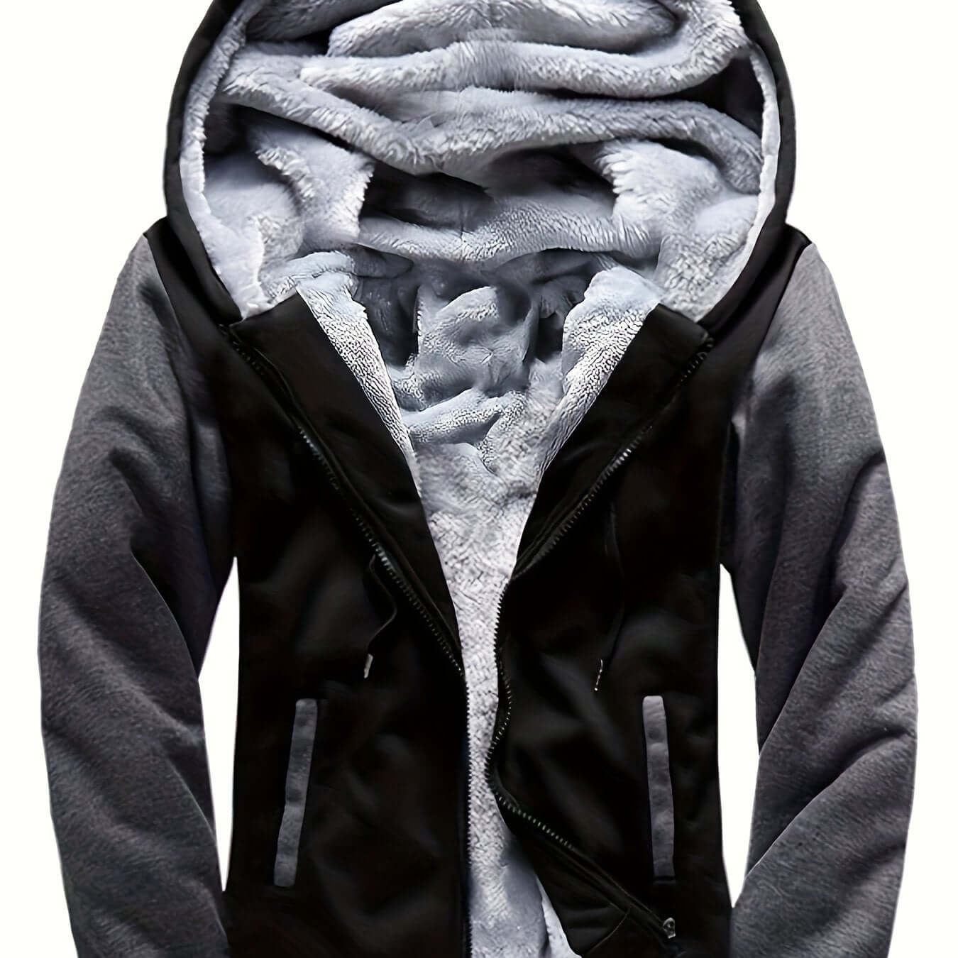 men's hooded jacket specifications with soft fleece lining and stylish dual-tone design