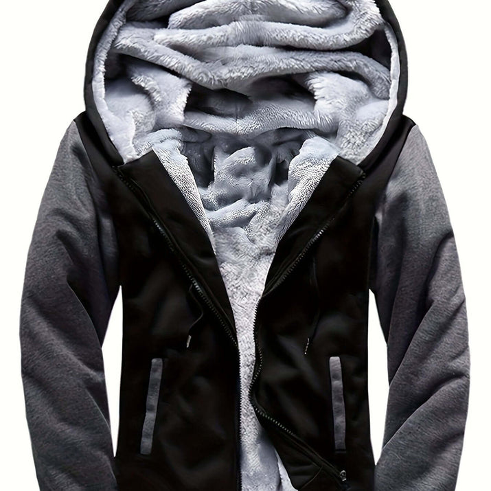 men's hooded jacket specifications with soft fleece lining and stylish dual-tone design