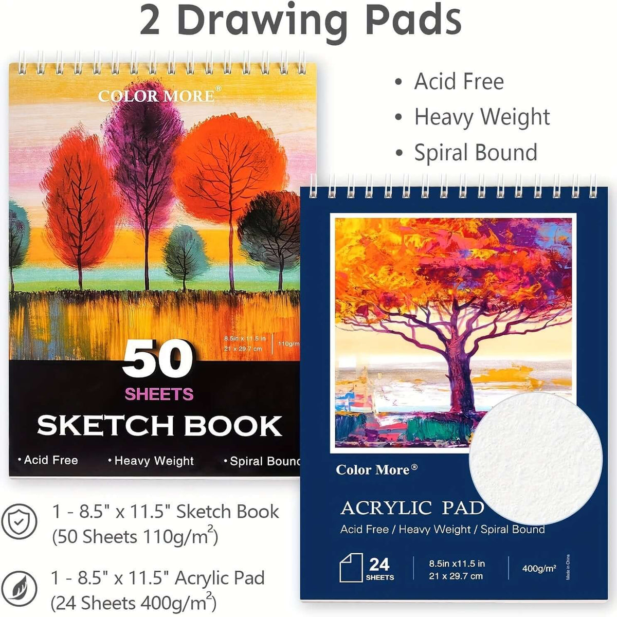 Color More drawing pads featuring a sketch book and acrylic pad, acid-free and heavy-weight paper, spiral bound.