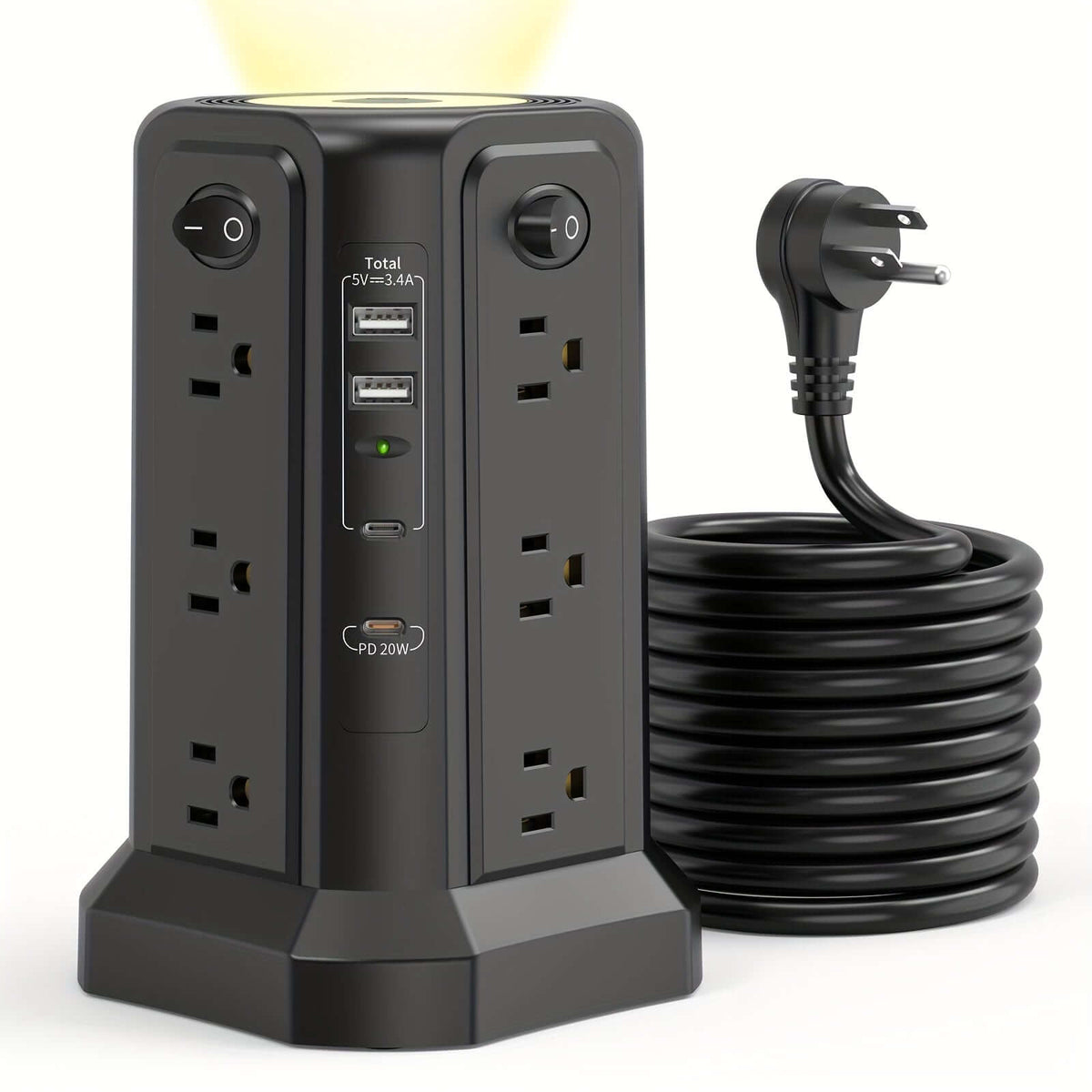 flat plug power board with USB ports in a black design featuring multiple outlets and a long power cord.