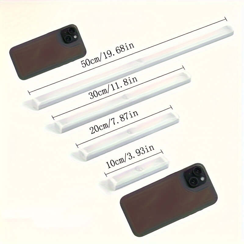 Wireless LED under cabinet light sizes shown with lengths marked in centimeters and inches.