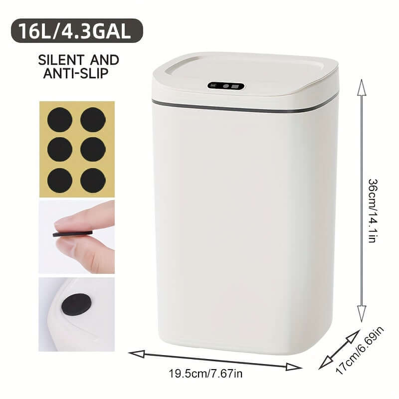 motion-sensor trash can specifications featuring a silent, anti-slip design with dimensions and user interaction guide.