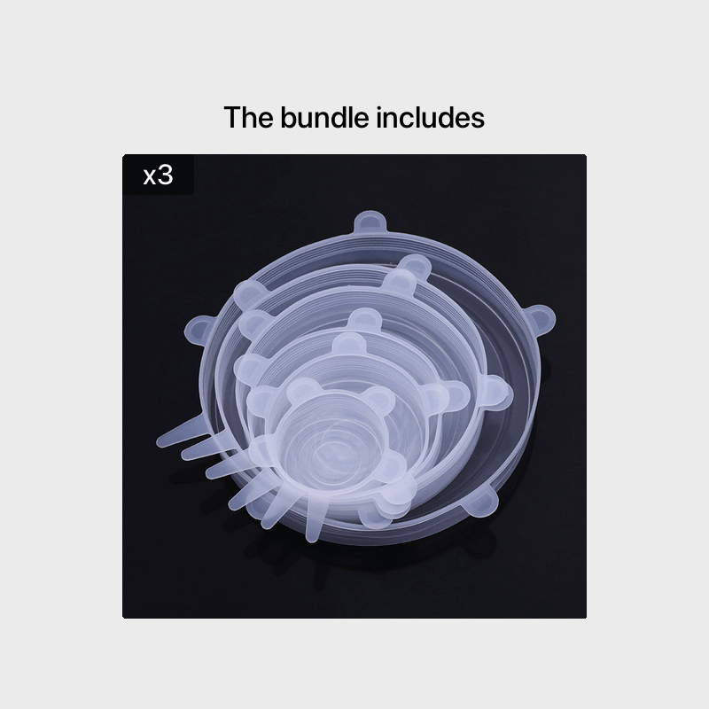 Silicone food storage covers in a bundle, featuring three transparent lids of various sizes.