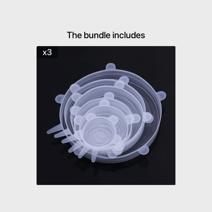 Silicone food storage covers in a bundle, featuring three transparent lids of various sizes.