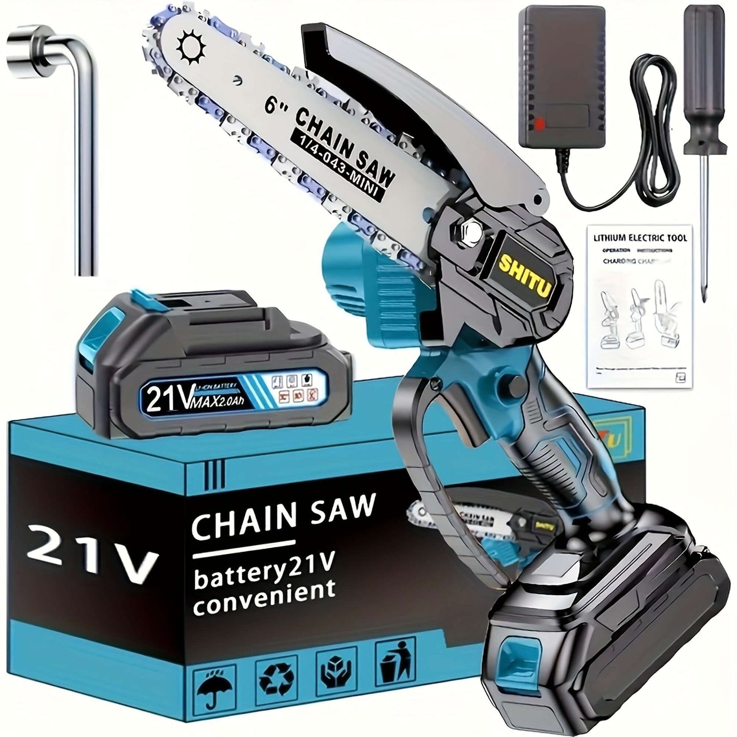 Cordless mini chainsaw with battery, charger, and tools for outdoor activities.
