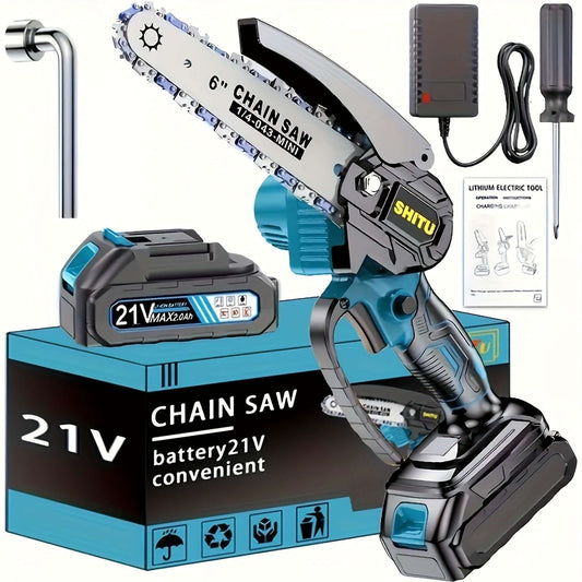 Cordless mini chainsaw with battery, charger, and tools for outdoor activities.