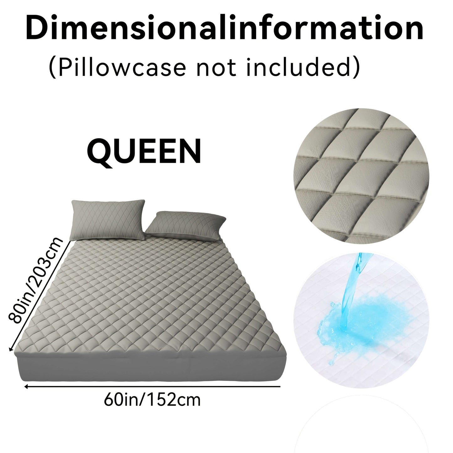 Queen mattress dimensions, 80in x 60in, showcasing quilted design and water resistance features.