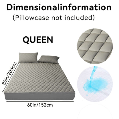 Queen mattress dimensions, 80in x 60in, showcasing quilted design and water resistance features.