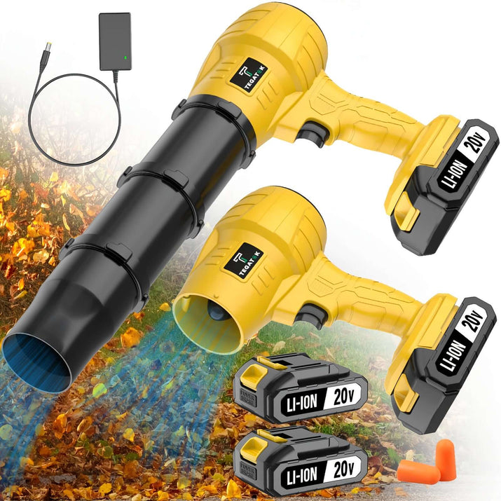 TEGATOK rechargeable battery specifications with leaf blower, charger, and battery packs on a backdrop of leaves.
