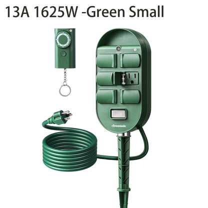 Dewenwils power stake timer for holiday lights with multiple outlets and green power cord.