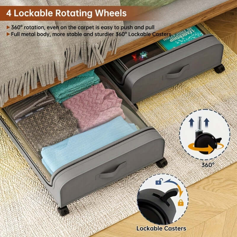 Underbed storage bins with wheels featuring 4 lockable rotating wheels for easy mobility and stability.
