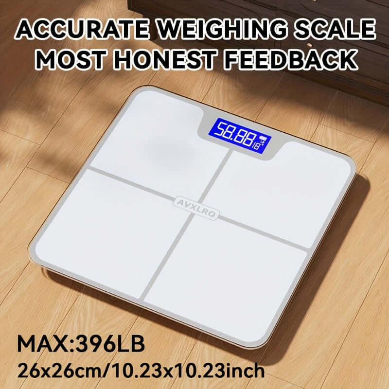 High-precision digital bathroom scale displaying weight with blue screen and sleek design.