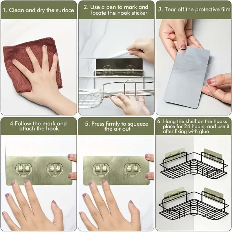 Instructions for installing a cast iron shower shelf, including cleaning, marking, and attaching hooks.