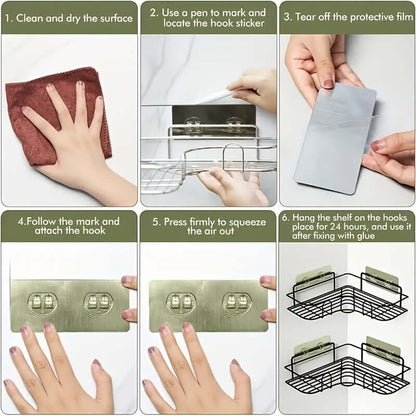 Instructions for installing a cast iron shower shelf, including cleaning, marking, and attaching hooks.